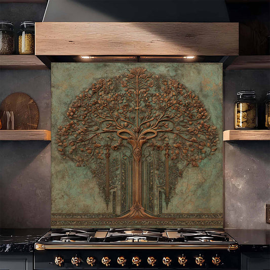 Decorative glass backsplash with tree design above a stove in a kitchen setting.