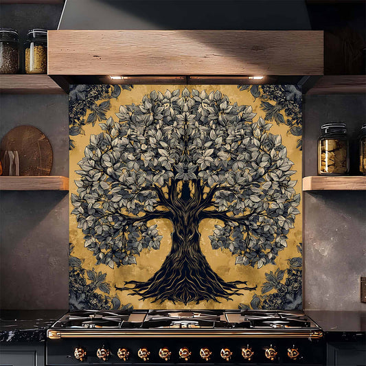 Decorative tempered backsplash of a tree on a kitchen backsplash with shelves and cooktop.