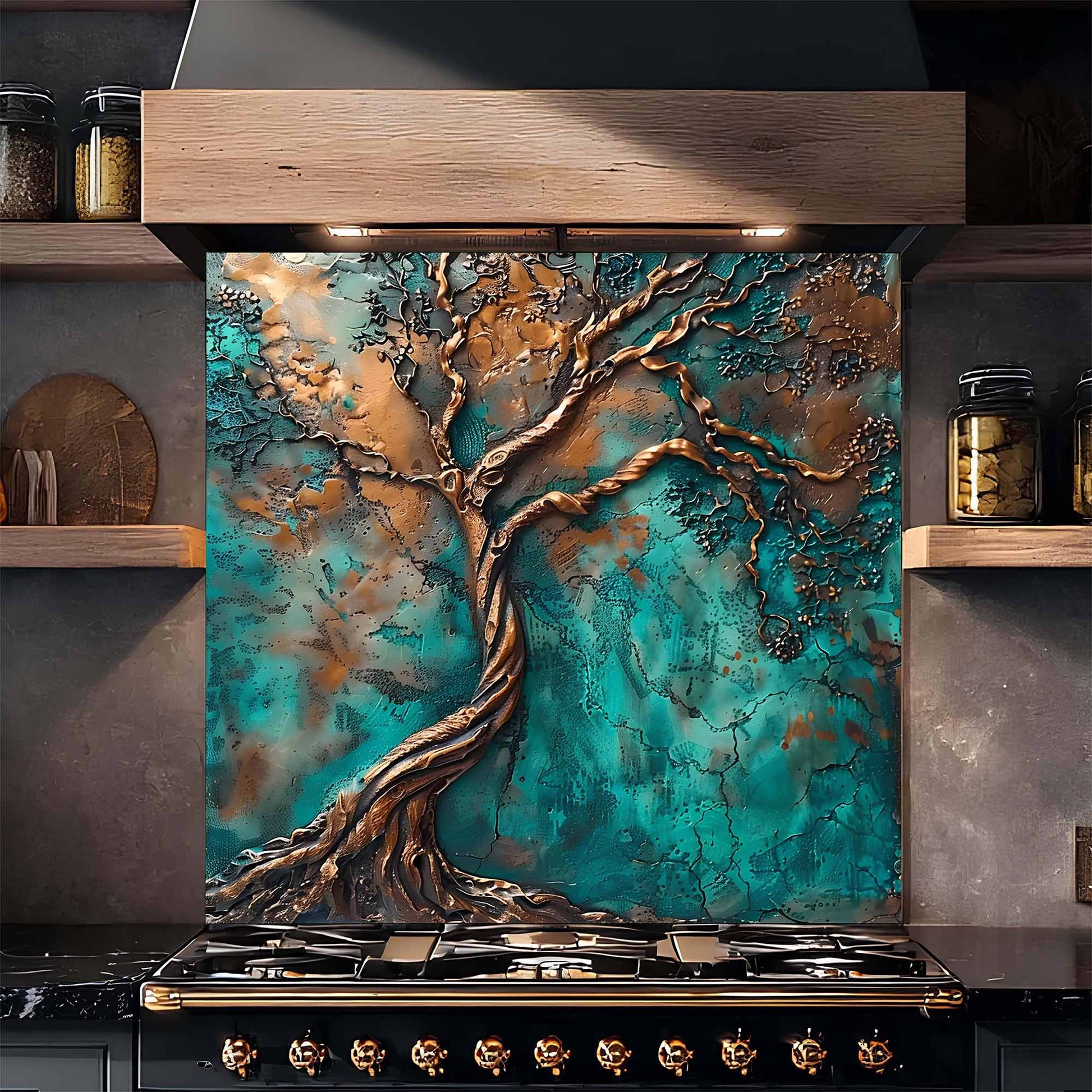 Decorative tempered glass backsplash with a tree design on a kitchen stove