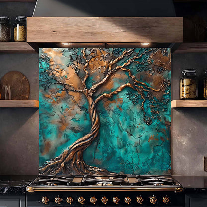 Decorative tempered glass backsplash with a tree design on a kitchen stove