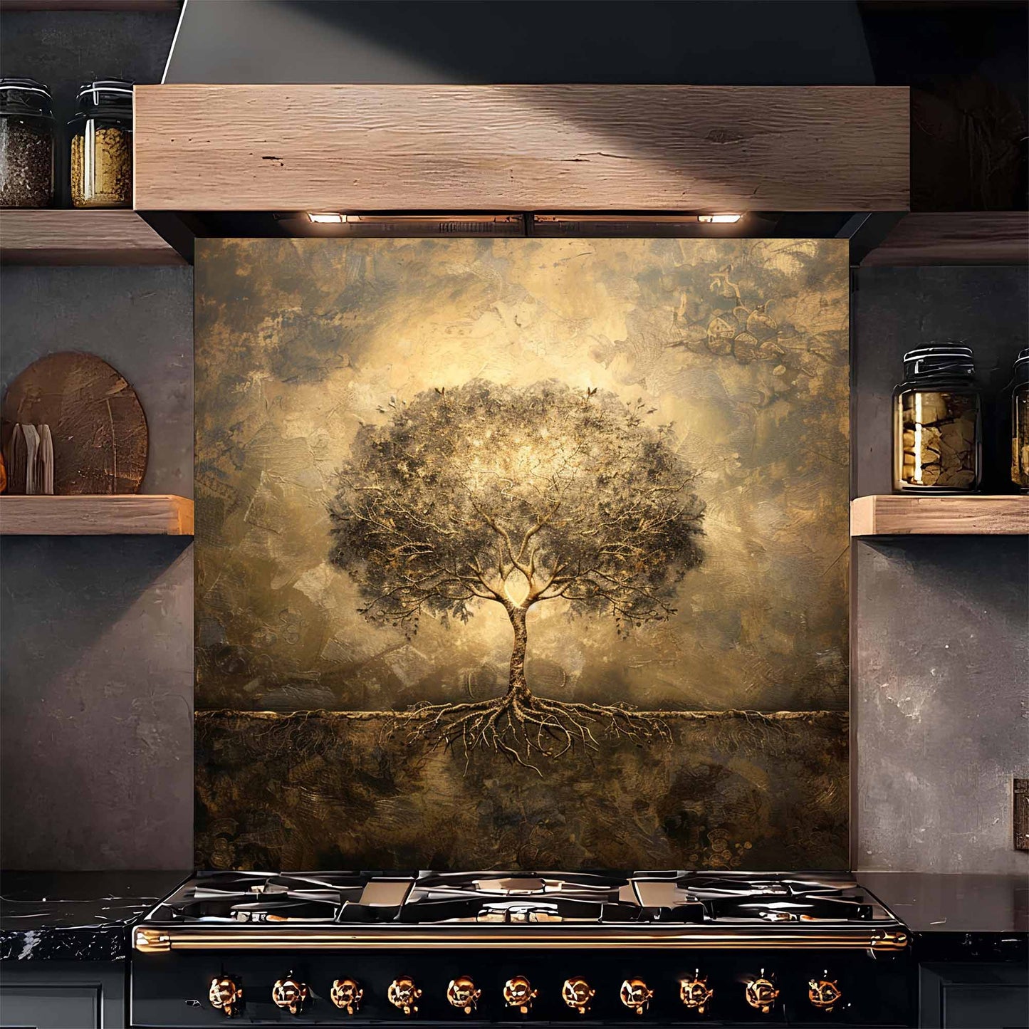 Decorative backsplash with a tree design above a stove in a kitchen setting.