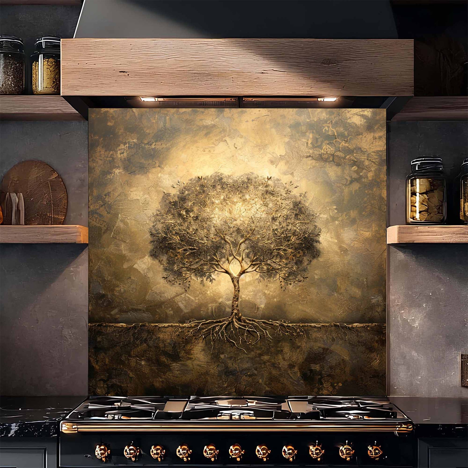 Decorative backsplash with a tree design above a stove in a kitchen setting.