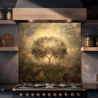 Decorative backsplash with a tree design above a stove in a kitchen setting.