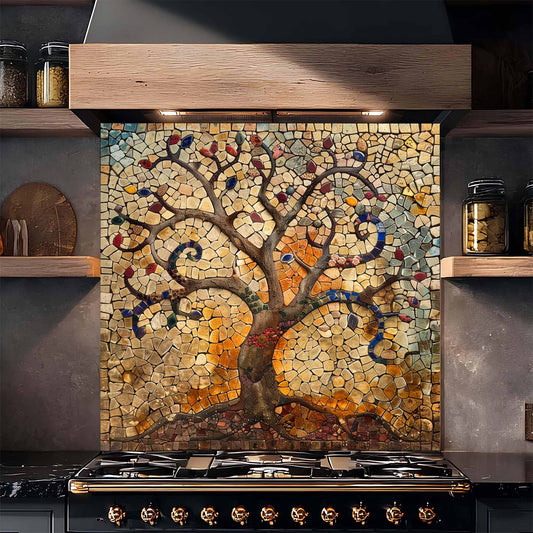Decorative mosaic tree of life on a kitchen backsplash