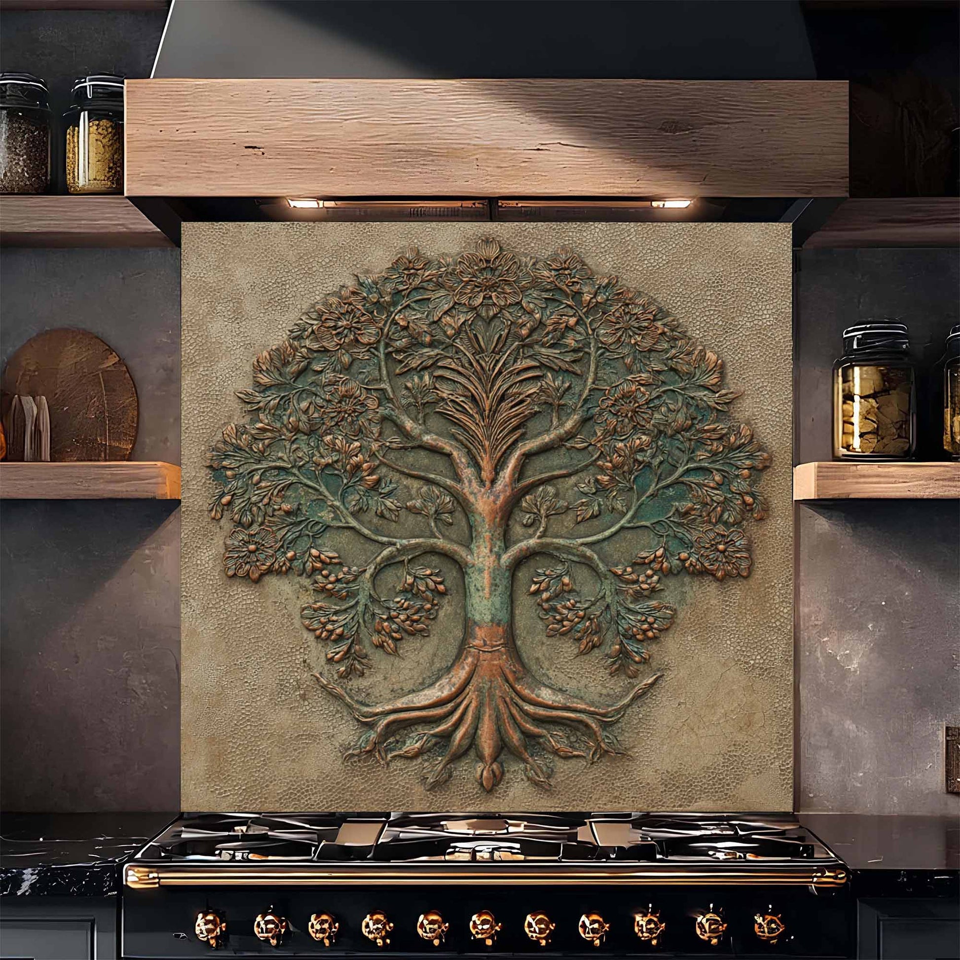 Decorative glass backsplash with tree design above a stove in a kitchen setting.