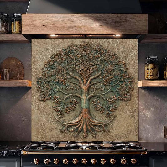 Decorative glass backsplash with tree design above a stove in a kitchen setting.