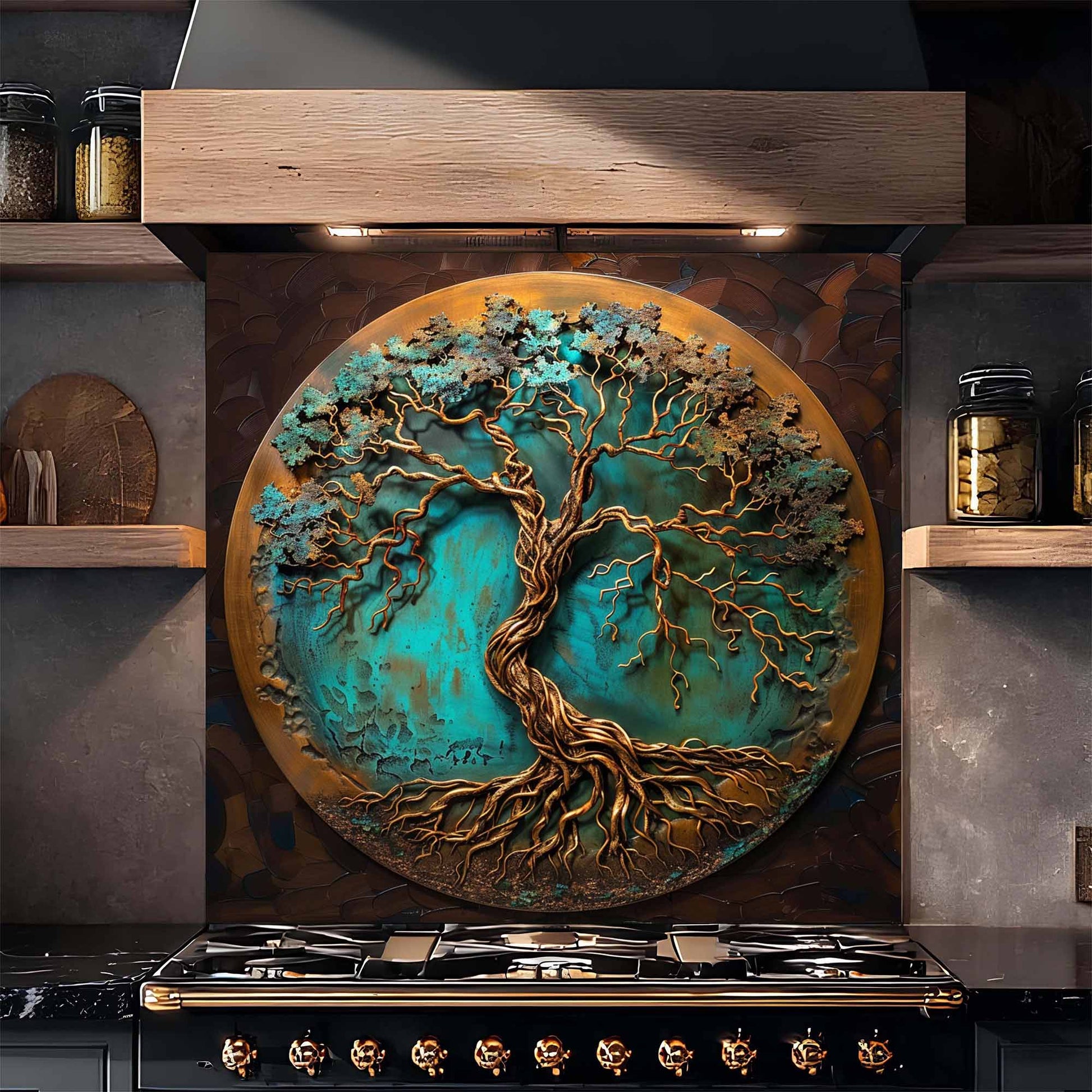 Decorative wall art with a tree design in a kitchen setting