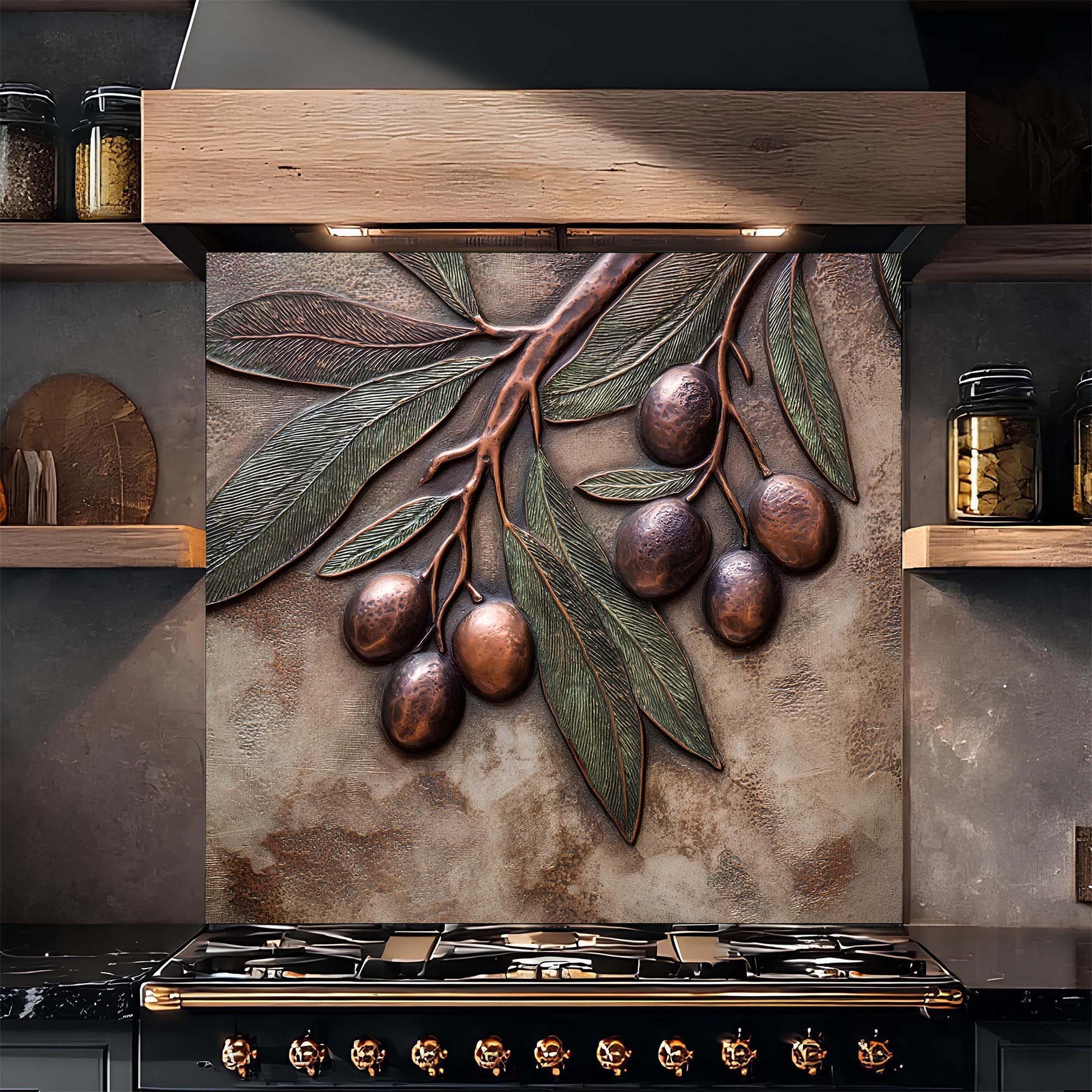 Decorative backsplash with olive branch design above a stove