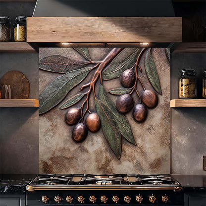 Decorative backsplash with olive branch design above a stove