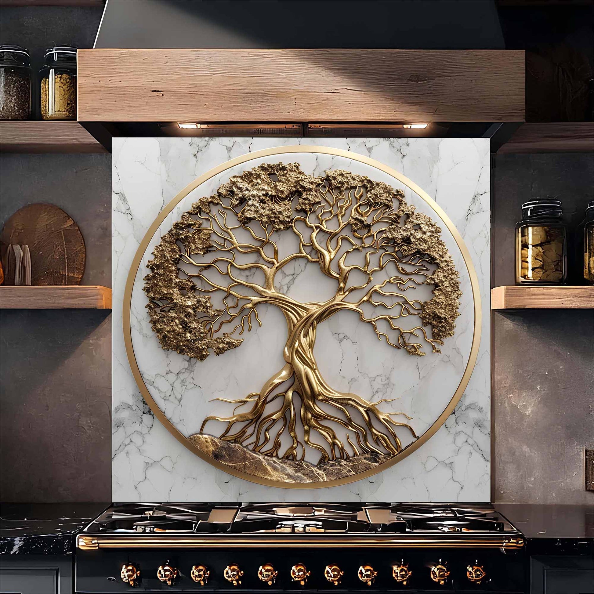 Tempered glass backsplash of a gold tree on a marble background in a kitchen setting.