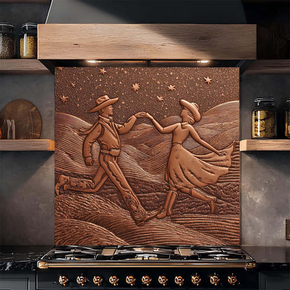 Decorative backsplash with a couple dancing in a field over a stove