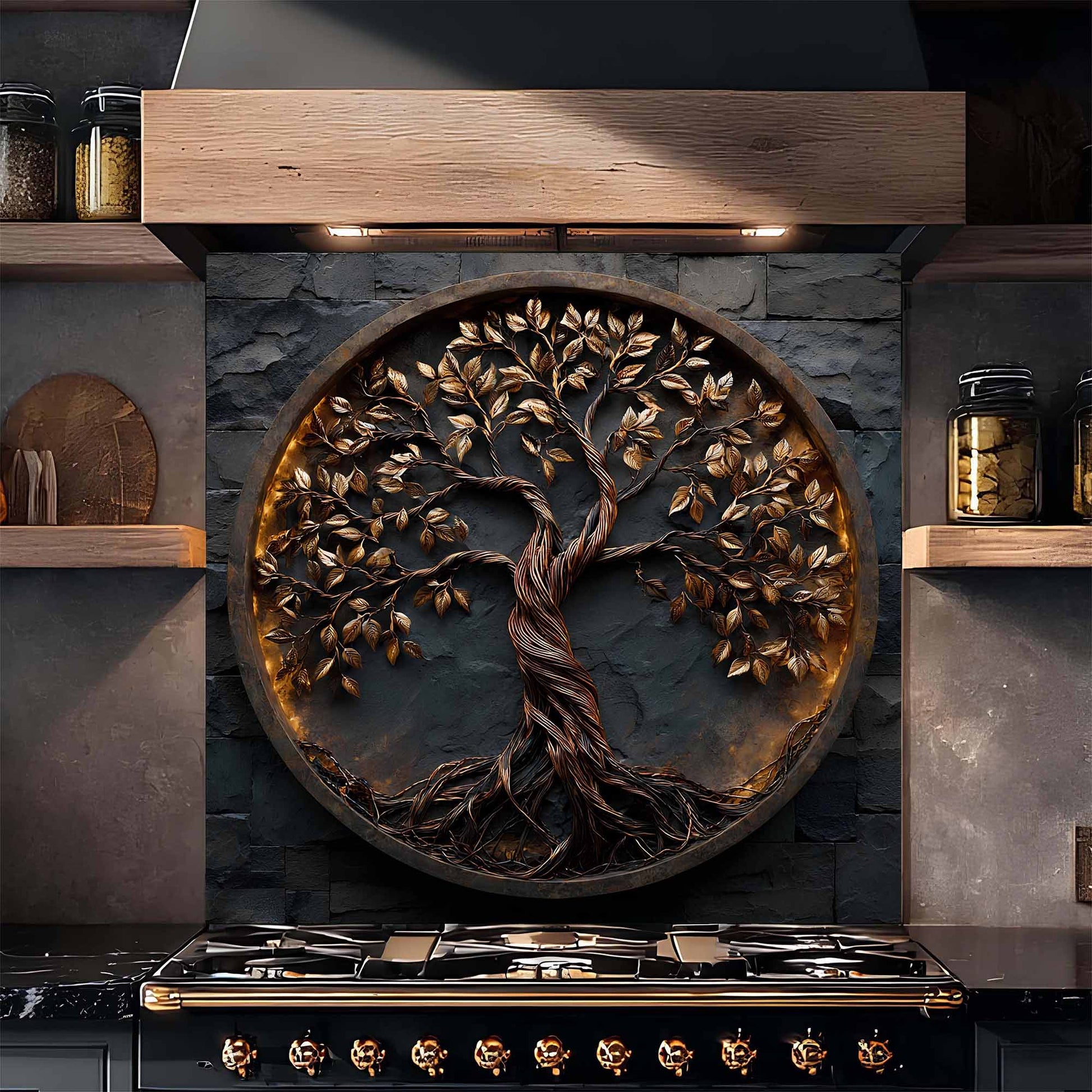 Decorative glass backsplash of a tree with roots and branches on a kitchen wall.