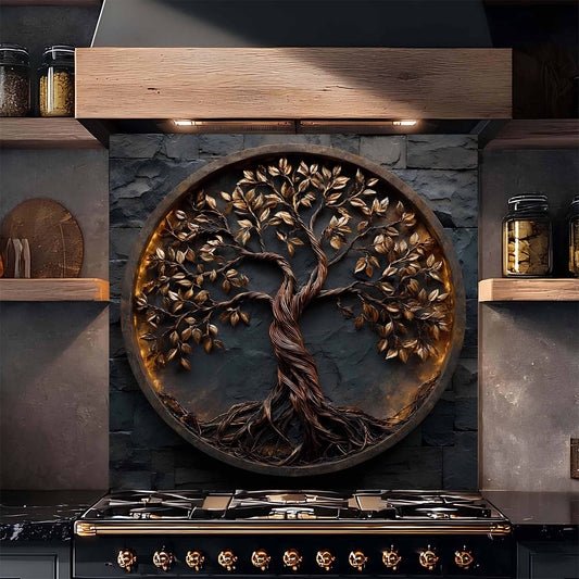 Decorative glass backsplash of a tree with roots and branches on a kitchen wall.