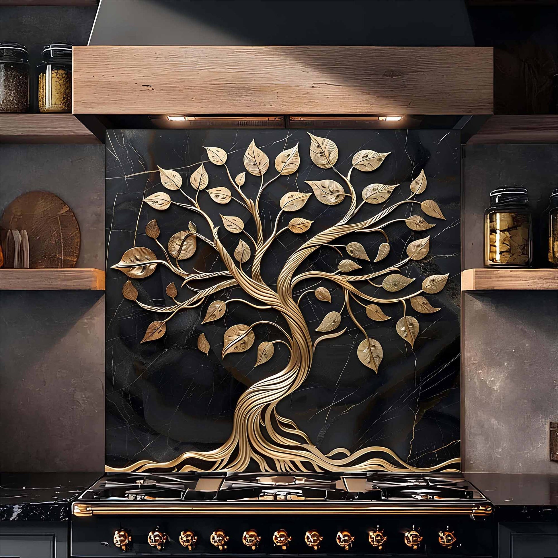 Decorative kitchen backsplash with a gold tree design on a black background in a kitchen setting.