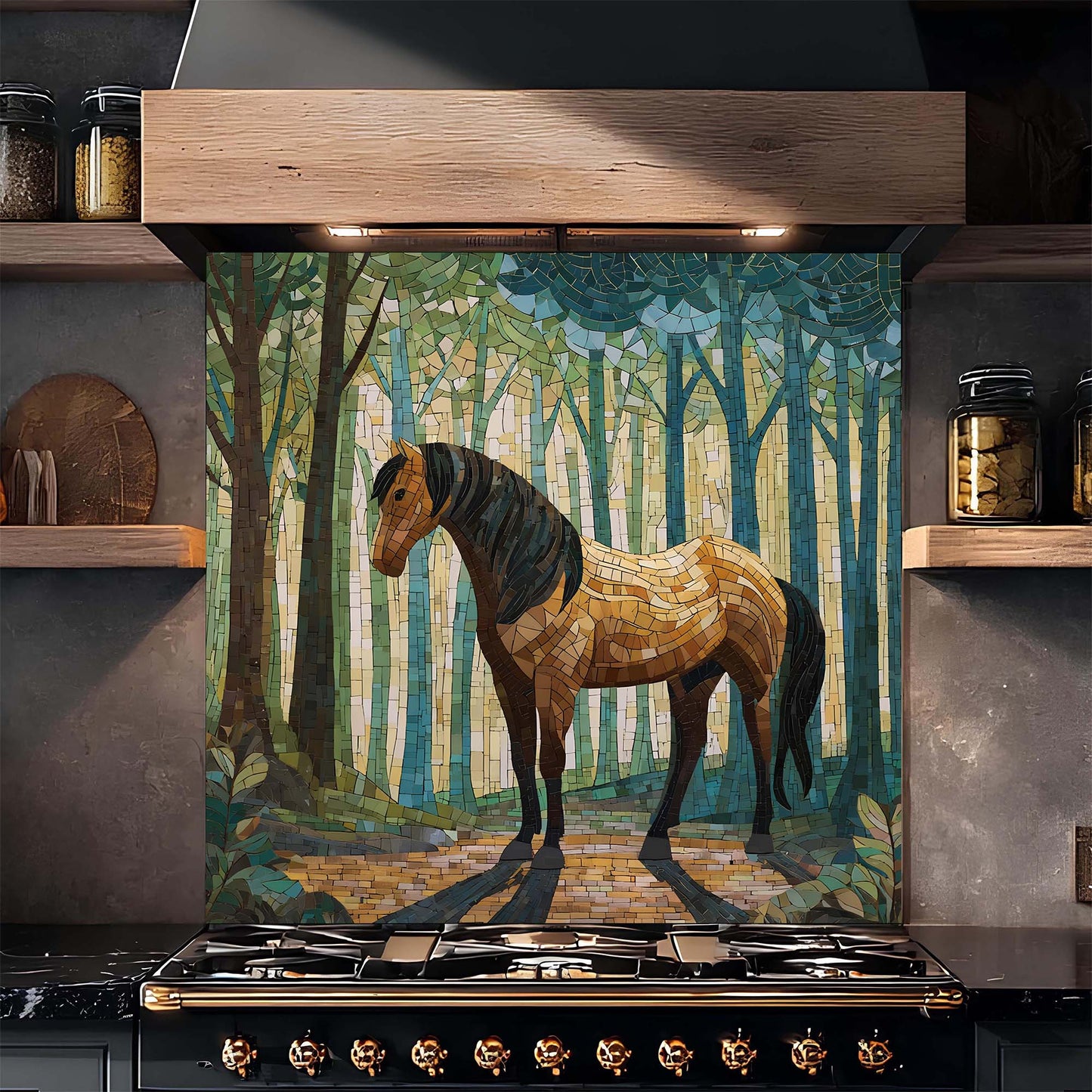 Mosaic-style horse standing in a serene forest on tempered glass backsplash, perfect for elegant, nature-inspired kitchen interiors.