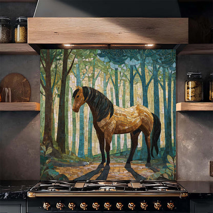 Mosaic-style horse standing in a serene forest on tempered glass backsplash, perfect for elegant, nature-inspired kitchen interiors.
