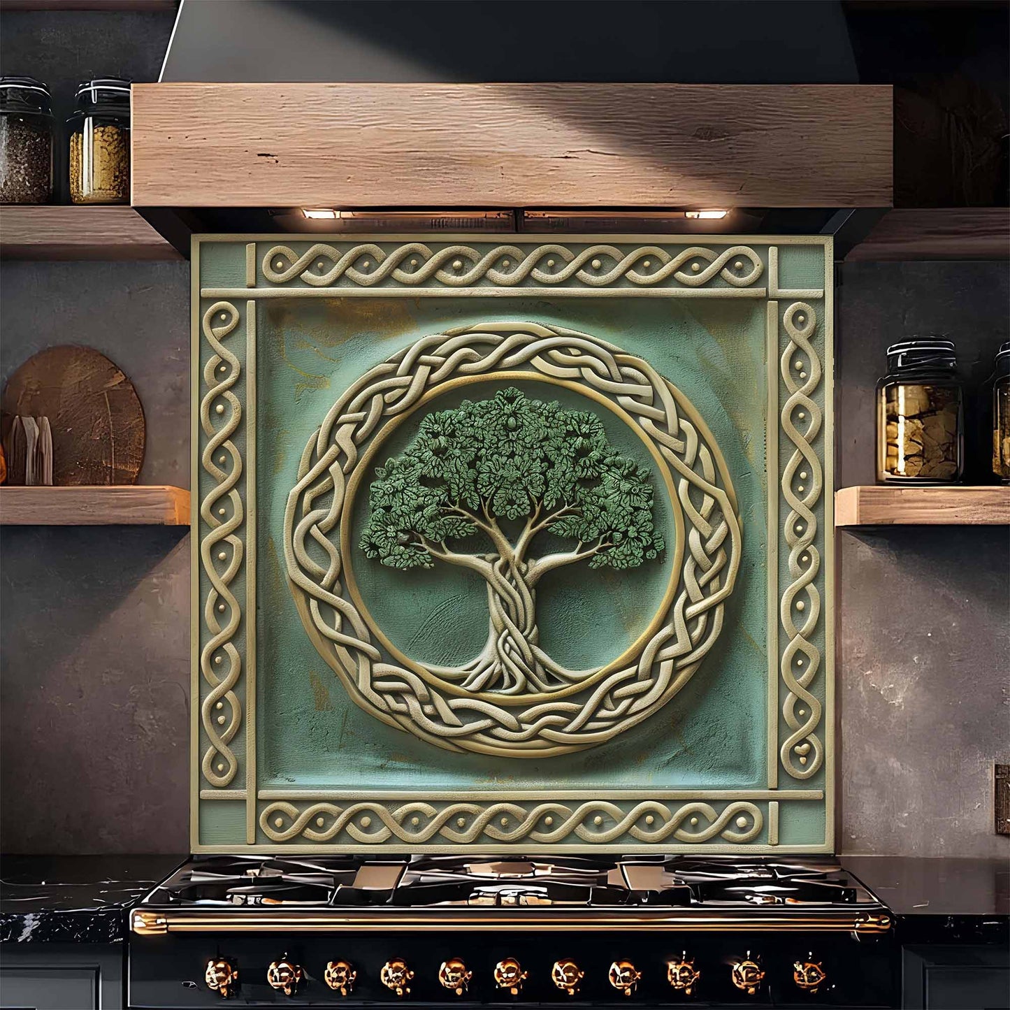Decorative backsplash with tree design above a stove in a kitchen setting