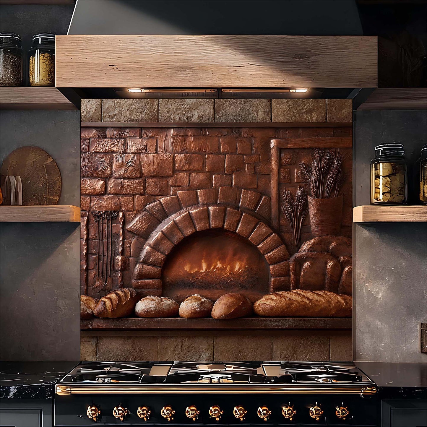 Kitchen with stone fireplace backsplash featuring bread and jars.
