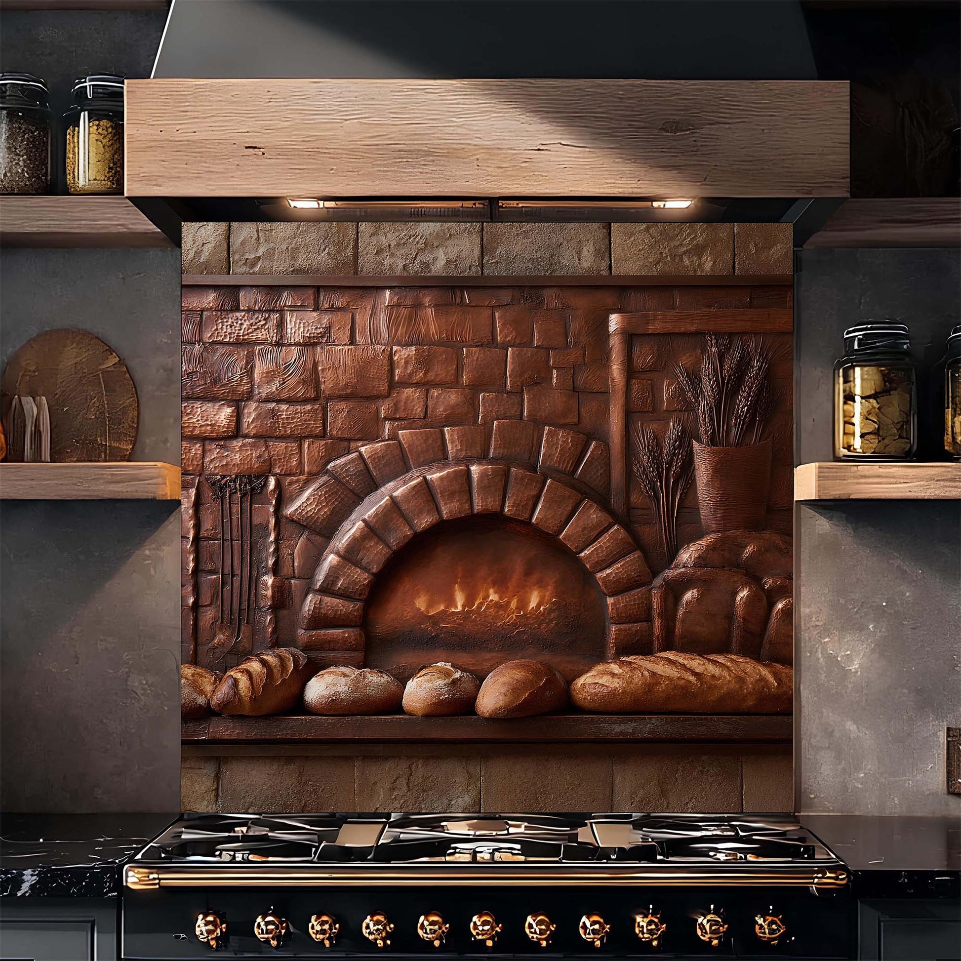 Kitchen with stone fireplace backsplash featuring bread and jars.
