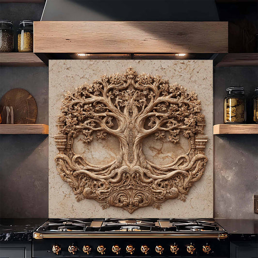 Decorative backsplash with tree design above a stove in a kitchen setting.