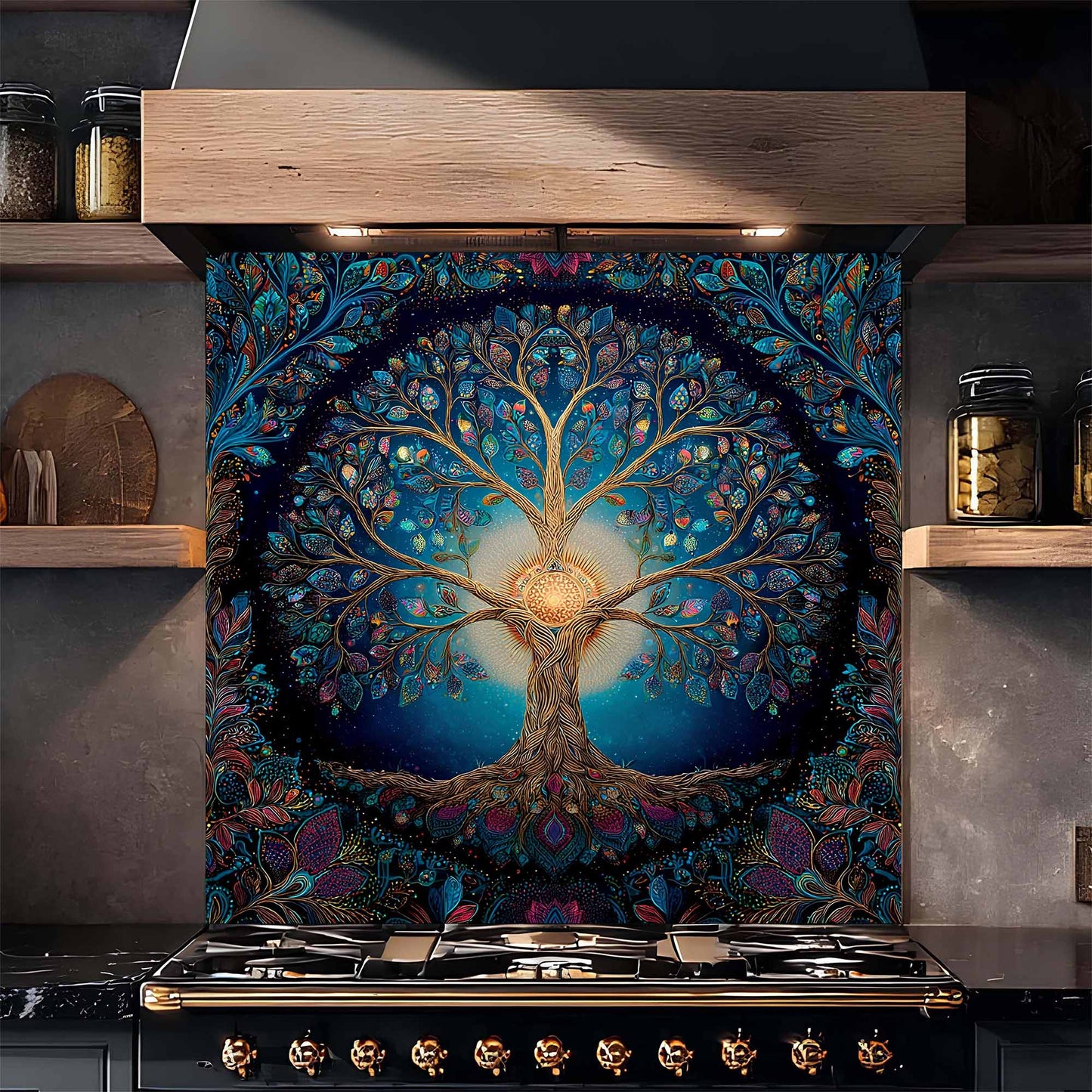 Decorative kitchen backsplash with a tree design above a stove in a kitchen.