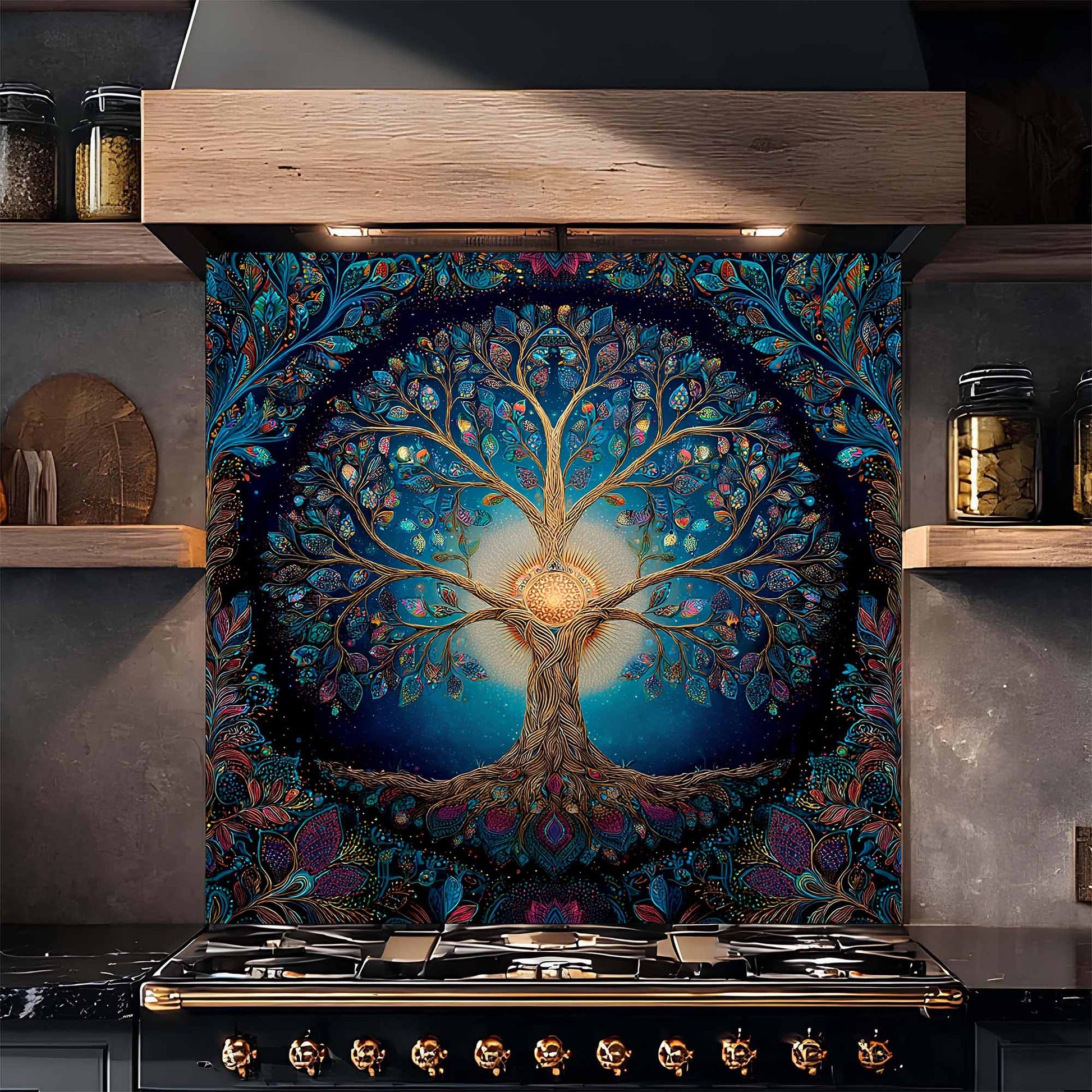 Decorative kitchen backsplash with a tree design above a stove in a kitchen.