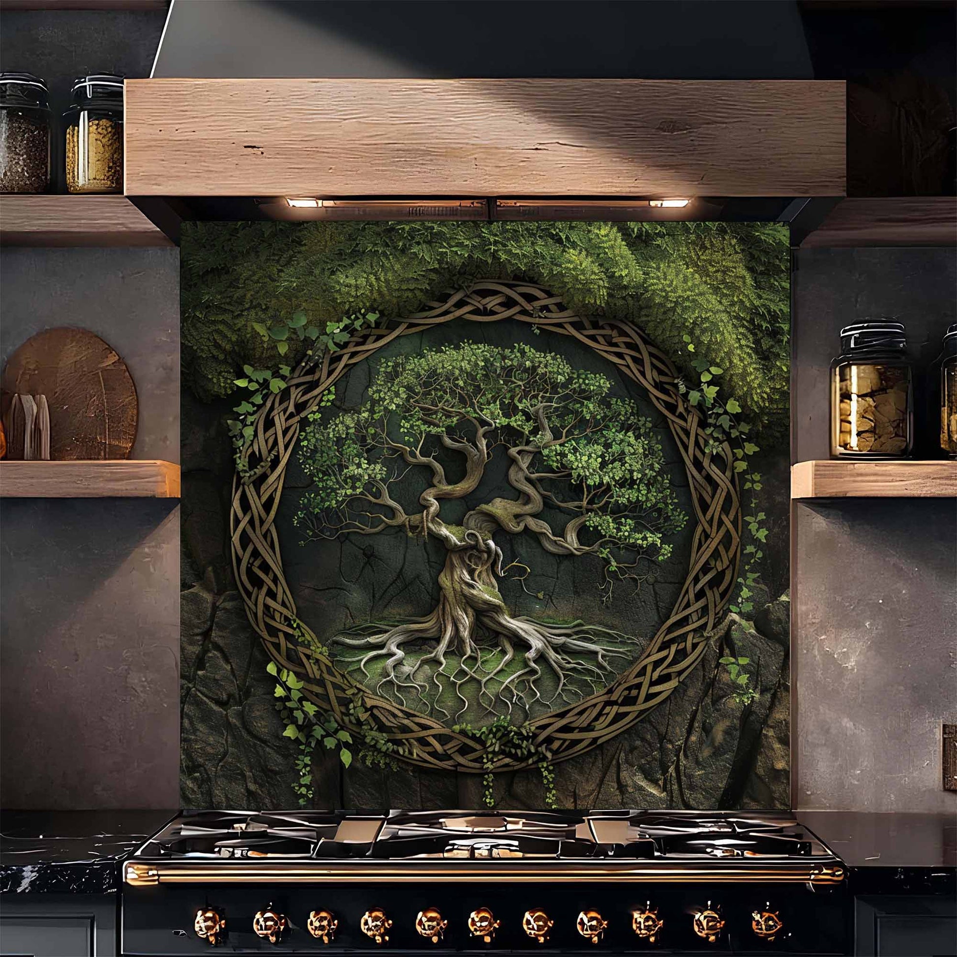 Decorative wall art with a tree design above a stove in a kitchen setting.