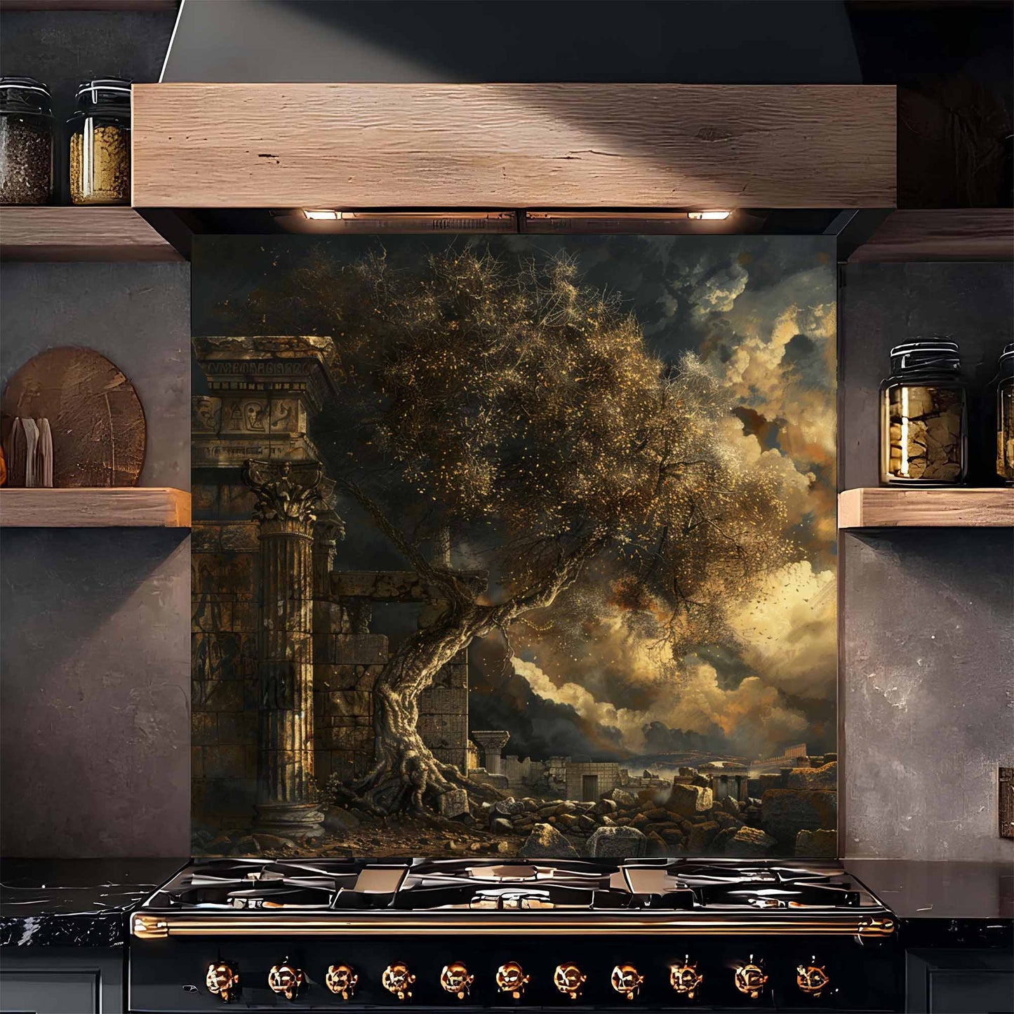 Kitchen with a decorative backsplash featuring a tree and ruins, above a stove.