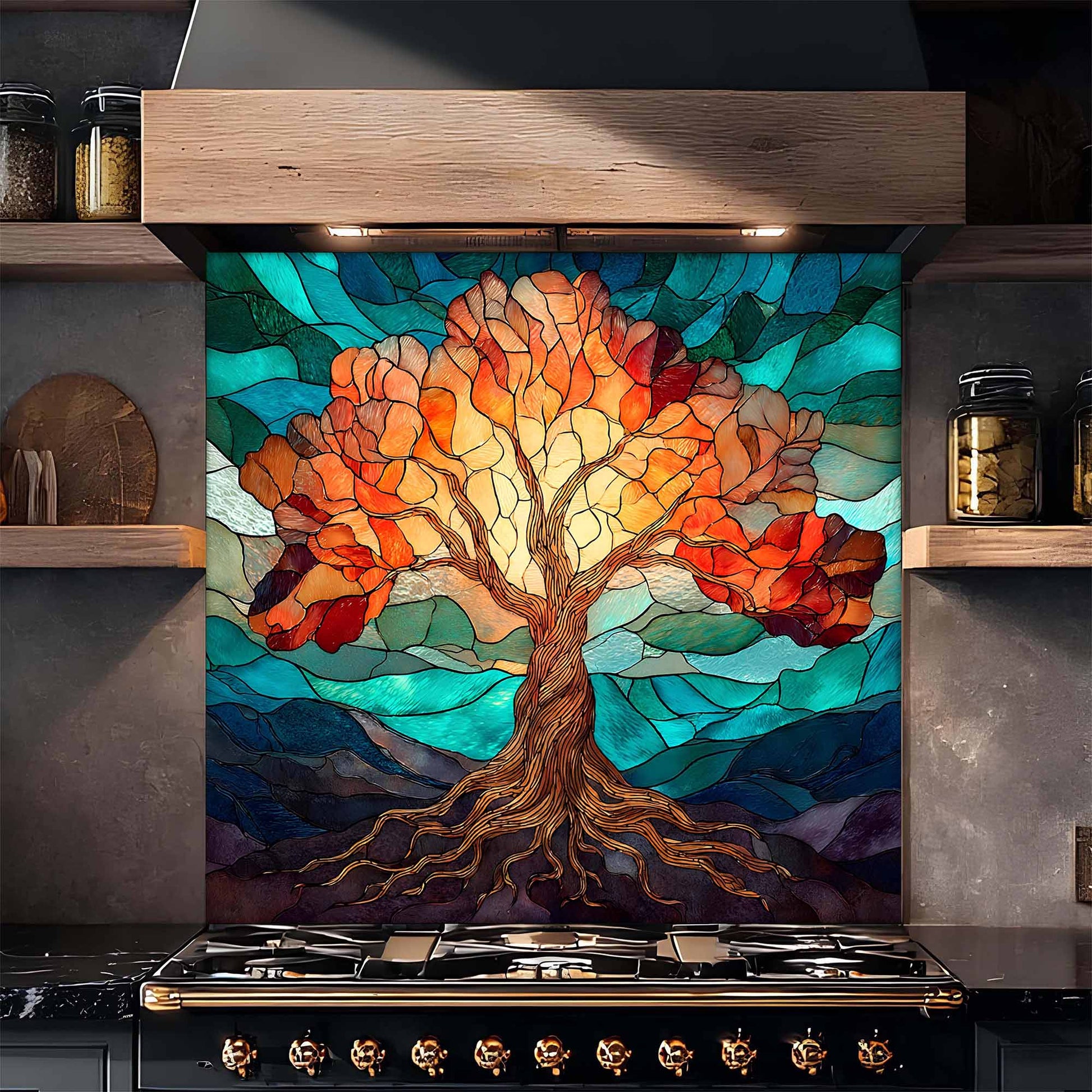 Colorful stained glass tree design on a kitchen backsplash.