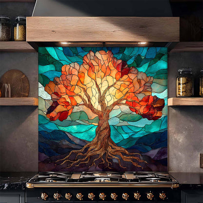 Colorful stained glass tree design on a kitchen backsplash.