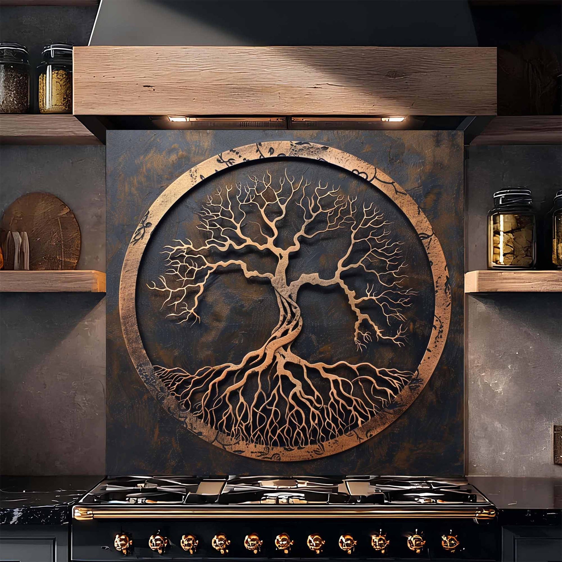 Tempered glass backsplash copper look design