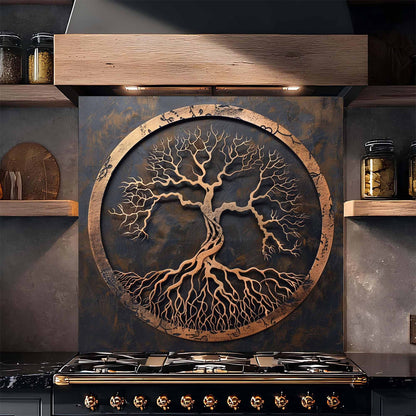 Tempered glass backsplash copper look design