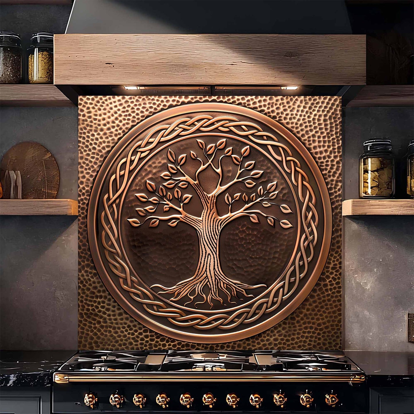 Decorative copper look glass backsplash with tree design above a stove in a kitchen setting.