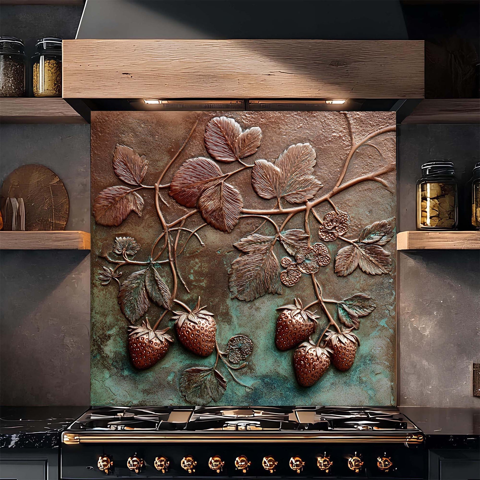 Decorative backsplash with leaf and strawberry design above a stove in a kitchen.