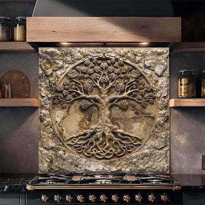 Decorative glass backsplash with a tree design above a stove in a kitchen setting.