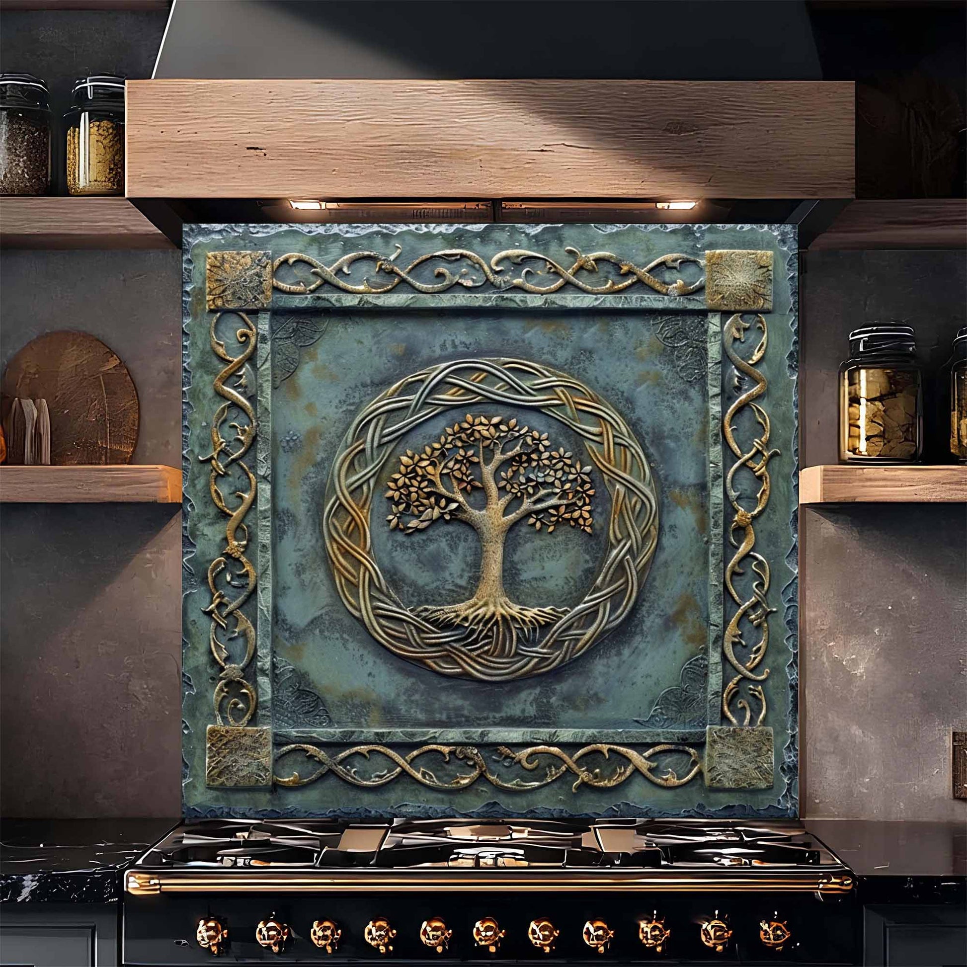 Decorative backsplash with tree design above a stove in a kitchen setting