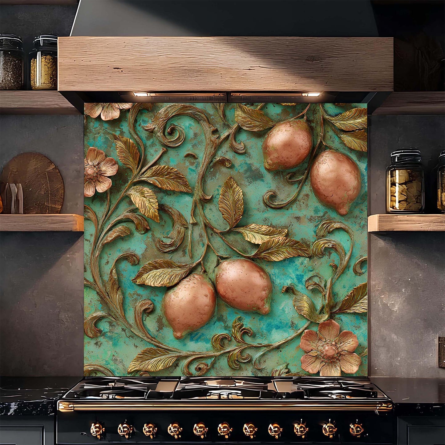 Decorative backsplash with floral and fruit design above a stove