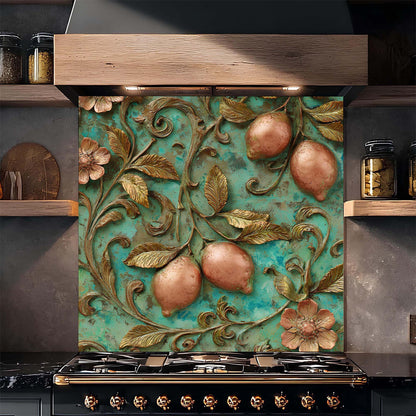 Decorative backsplash with floral and fruit design above a stove