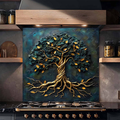 Glass backsplash of a tree with gold roots and leaves above a stove in a kitchen.