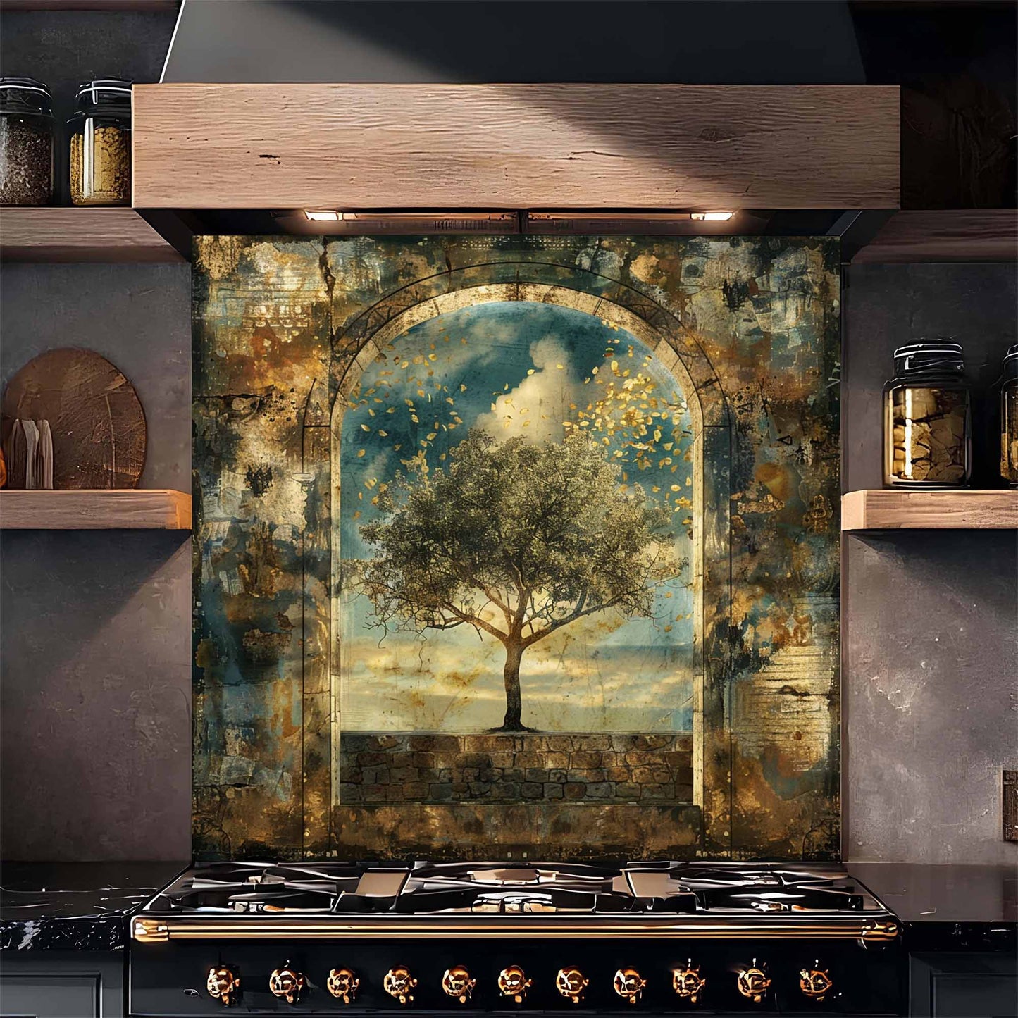 Decorative backsplash with a tree design above a stove in a kitchen.