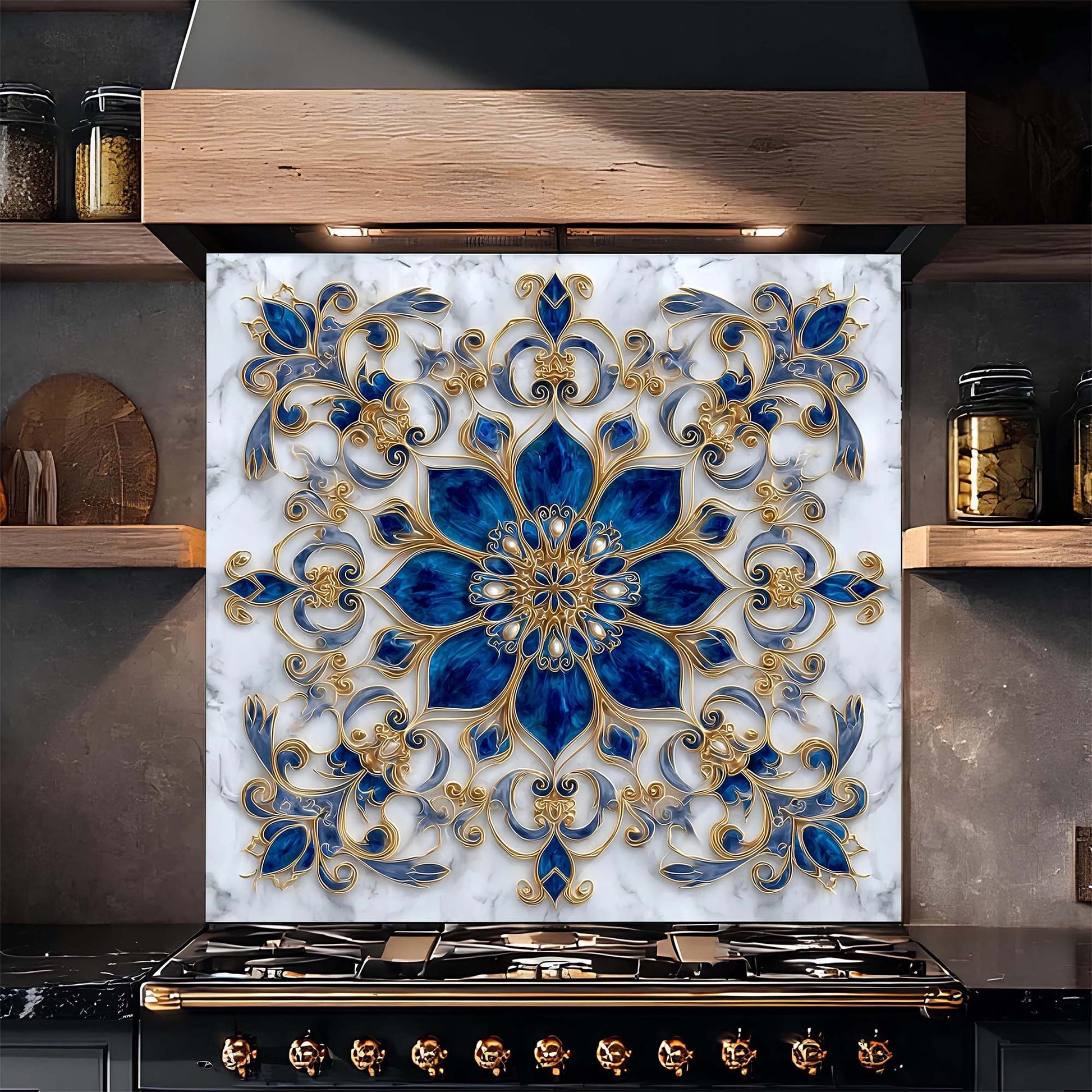 Decorative backsplash with blue and gold floral pattern in a kitchen setting