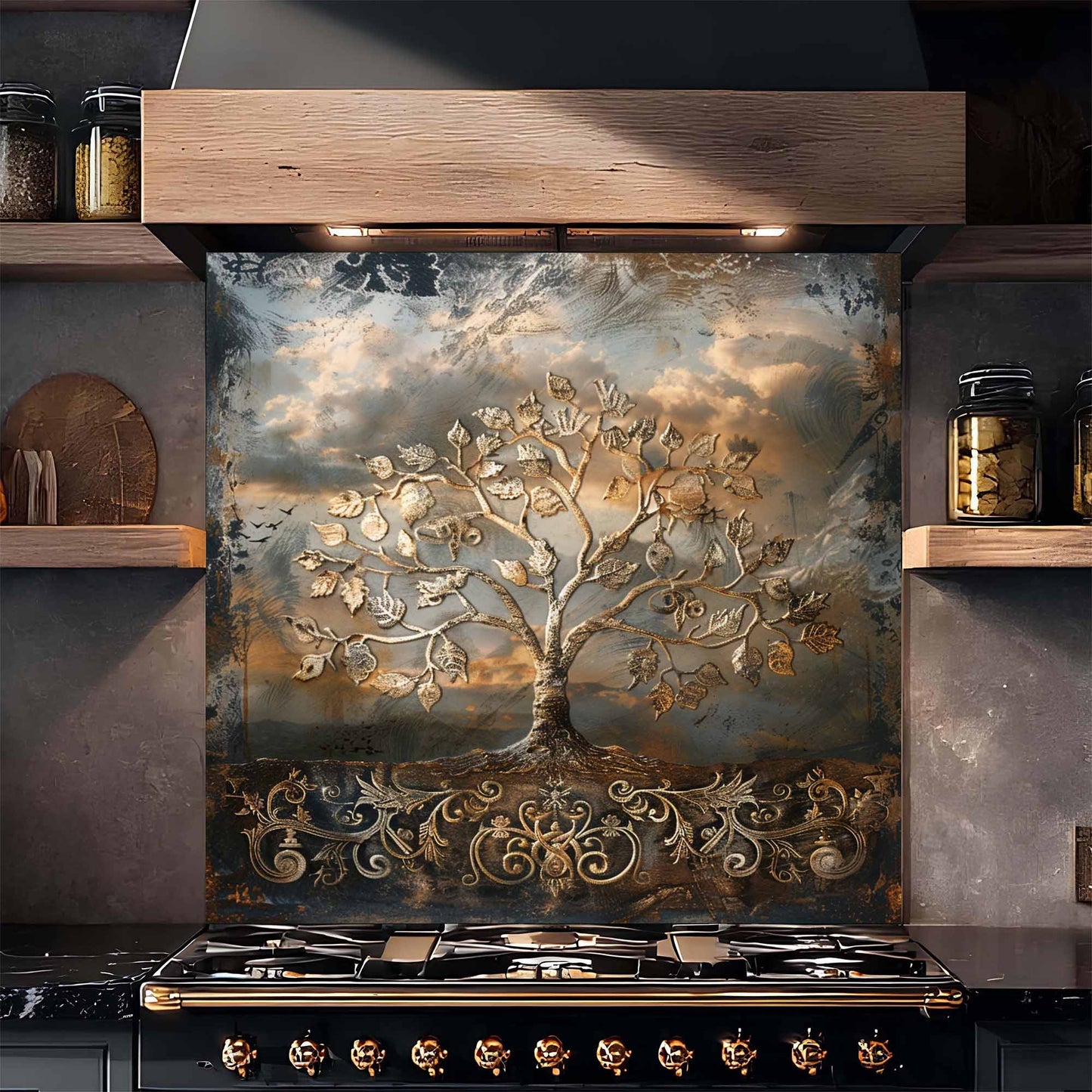 Decorative backsplash with tree design above a stove in a kitchen setting.