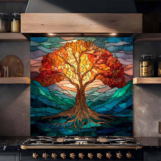 Tempered glass backsplash with tree in kitchen.