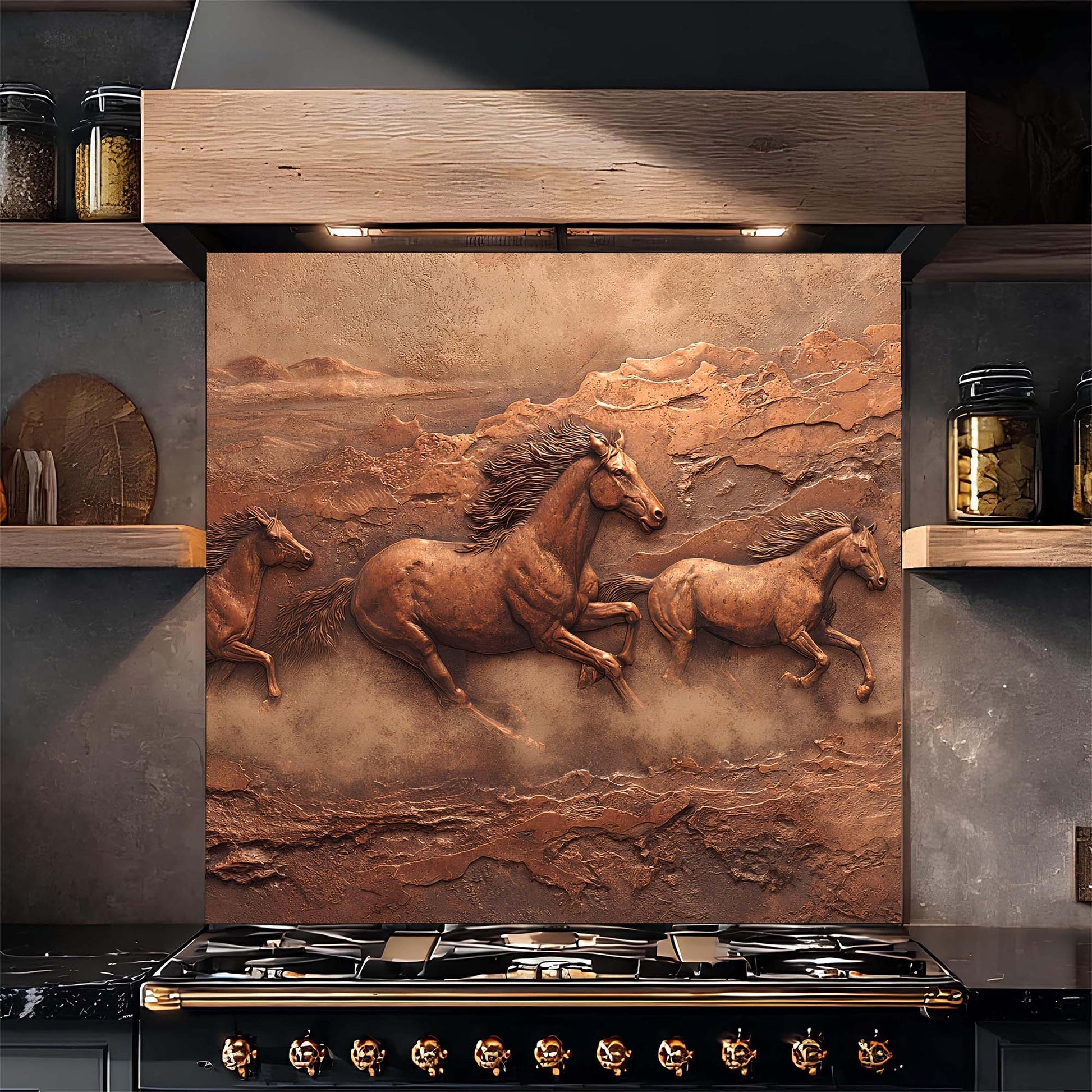 Decorative backsplash with horse design above a stove in a kitchen setting.