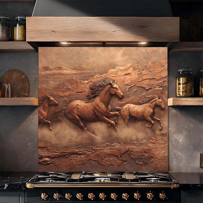 Decorative backsplash with horse design above a stove in a kitchen setting.
