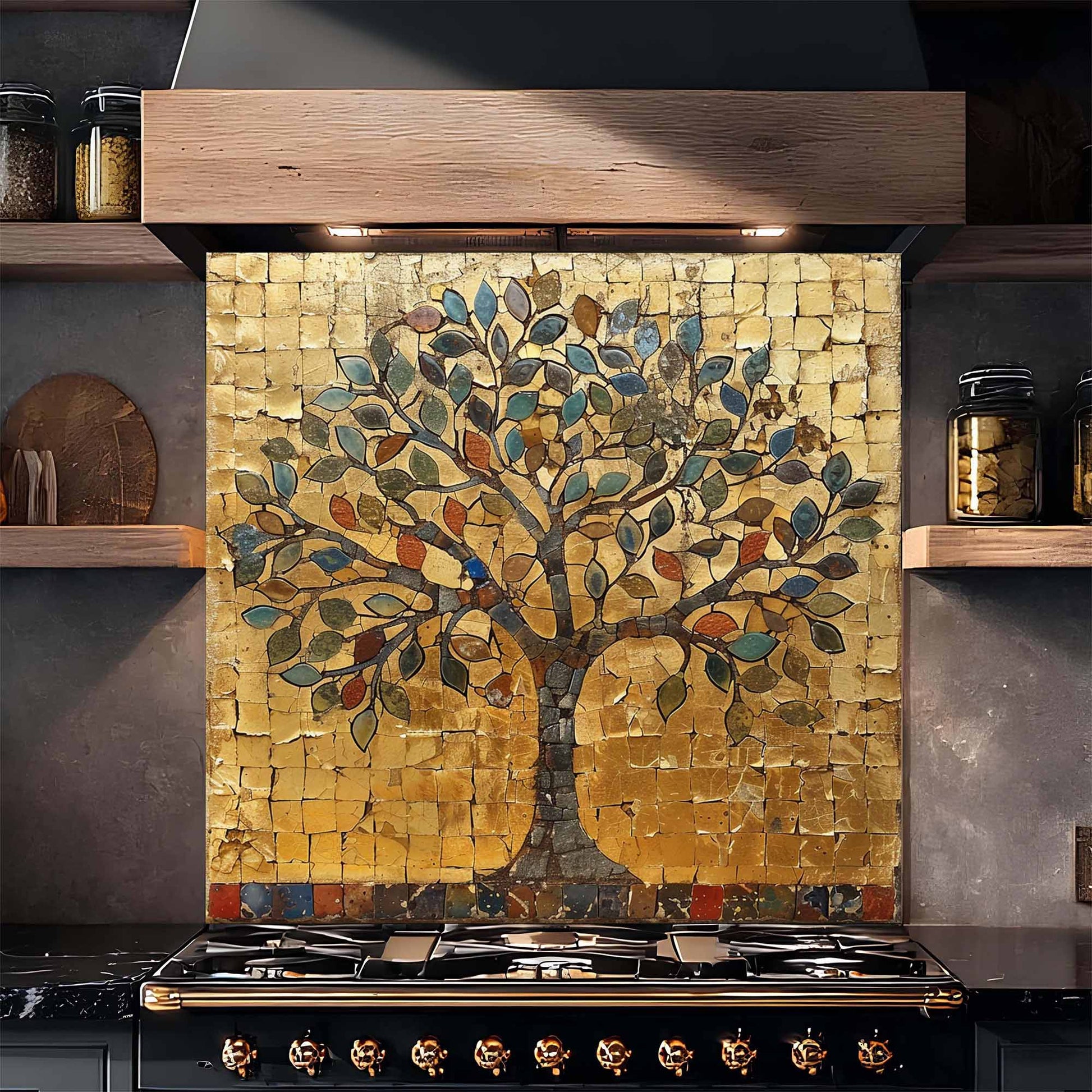 Kitchen stove with a decorative mosaic tree backsplash