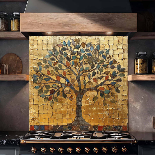 Kitchen stove with a decorative mosaic tree backsplash