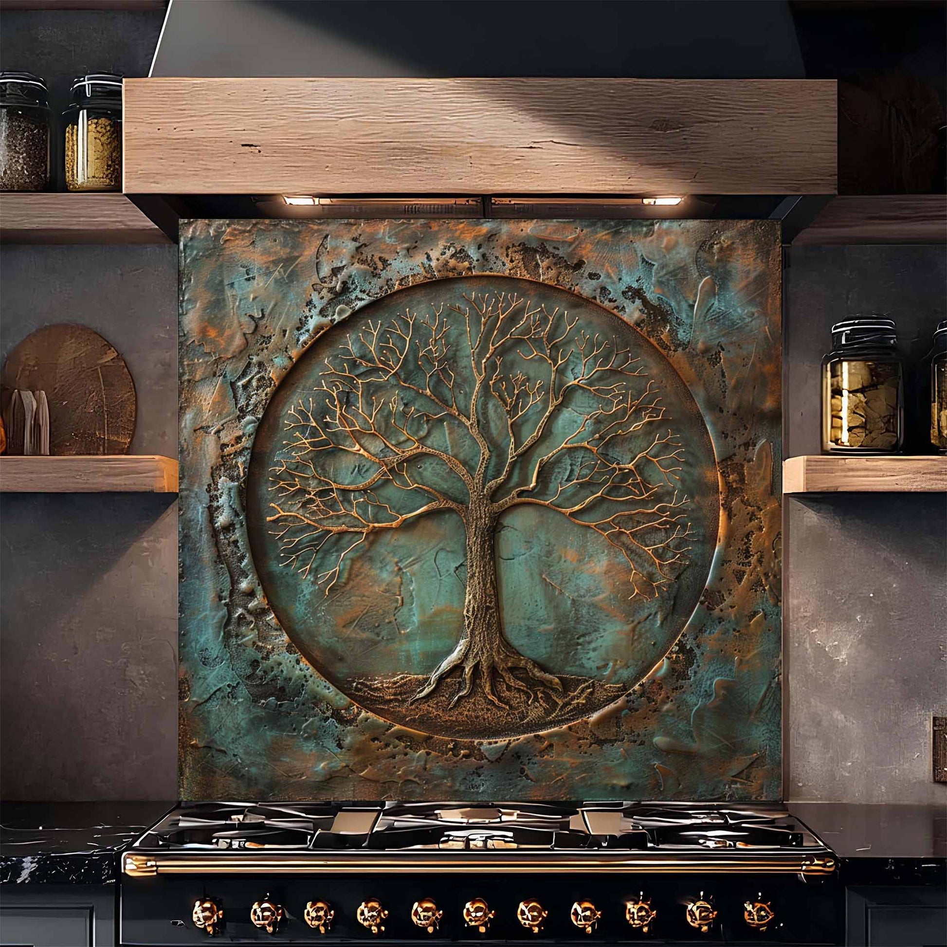 Decorative backsplash with tree design above a stove in a kitchen setting.
