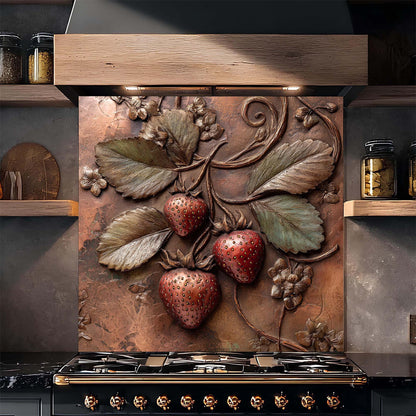 Decorative copper look glass splashback with strawberry design above a stove
