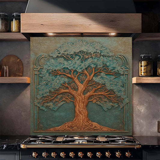Decorative backsplash with a tree design above a stove in a kitchen setting.